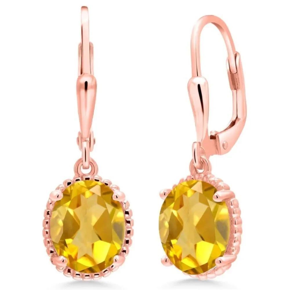 18K Rose Gold 925 with 3.00 Cttw Yellow Citrine Oval Leverback Hook Earrings
